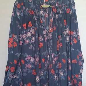 Free People Blue Floral Blouse with Red and Purple Accents